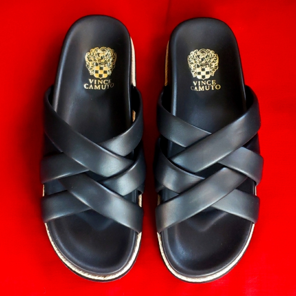 Vince Camuto Black Leather Criss Cross Sandals Slip Ons Womans size 10